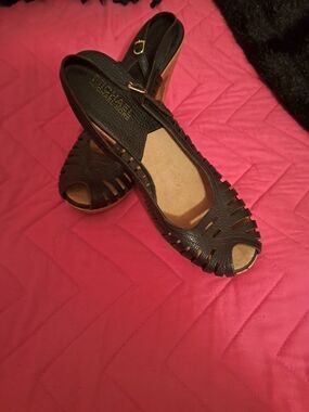 Michael Kors Black Peep-Toe Woven Slingback Sandals